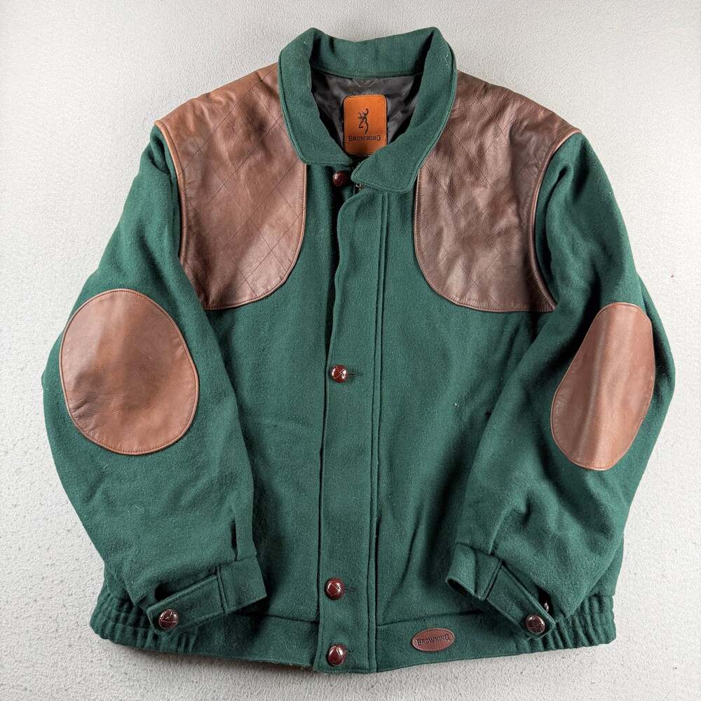 Browning Wool Bomber Jacket Mens Green Brown Leather Hunting Outdoor Coat